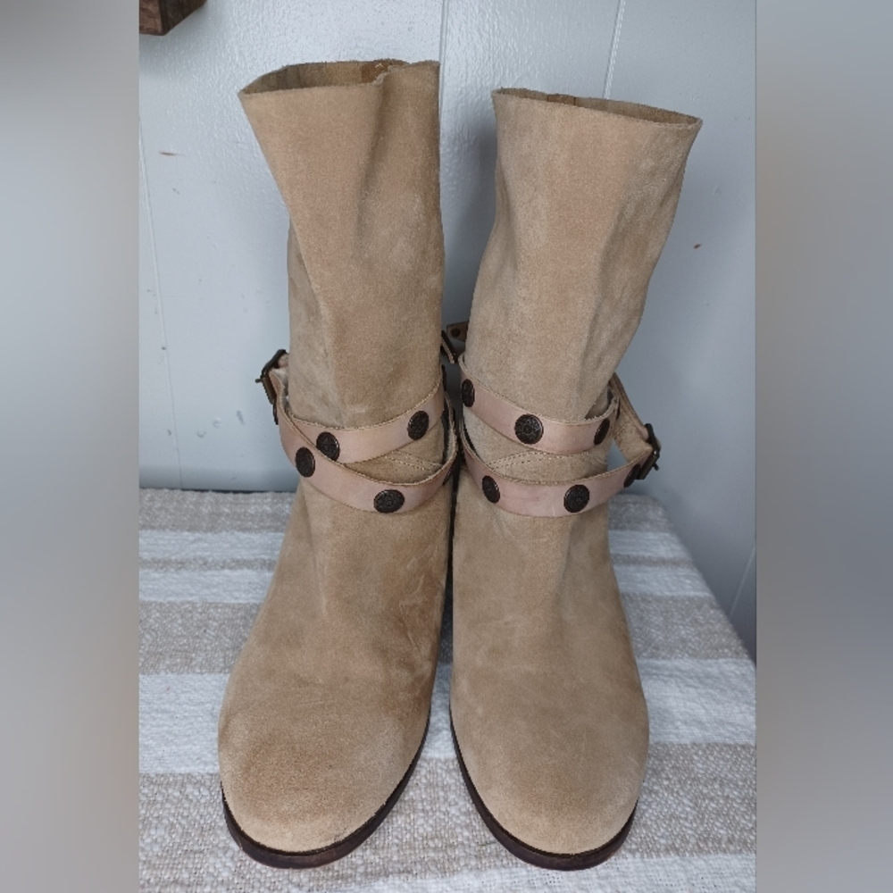 Free People Beige Suede Heeled Boots with Strap Accents NWOT